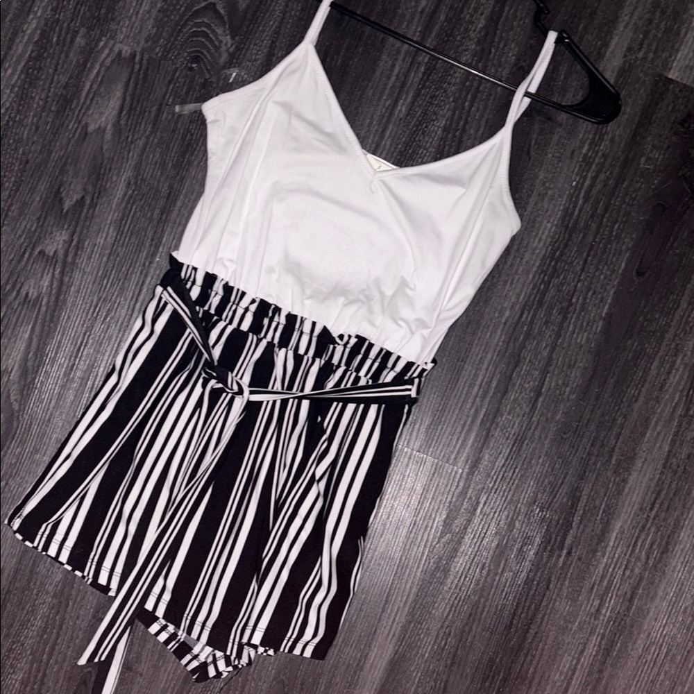 White and Black Striped v neck Romper